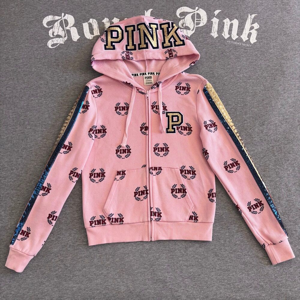 Rare Victoria’s Secret PINK Hoodie Silver and Blue Sequin Bling Full Zip XS